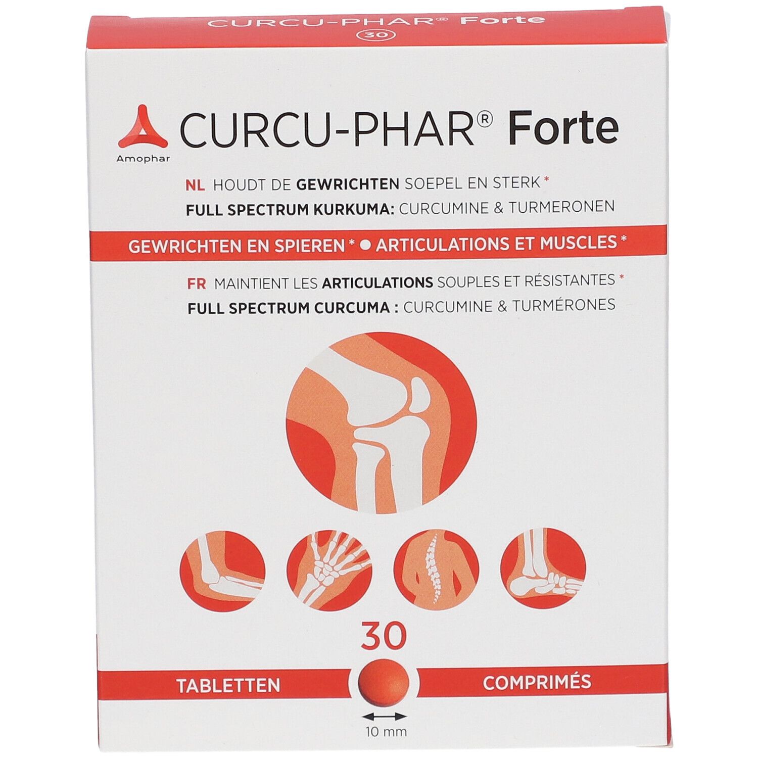 Verpakking van Curcu-Phar® Forte met 30 tabletten. Illustraties van gewrichten en spieren op de verpakking.