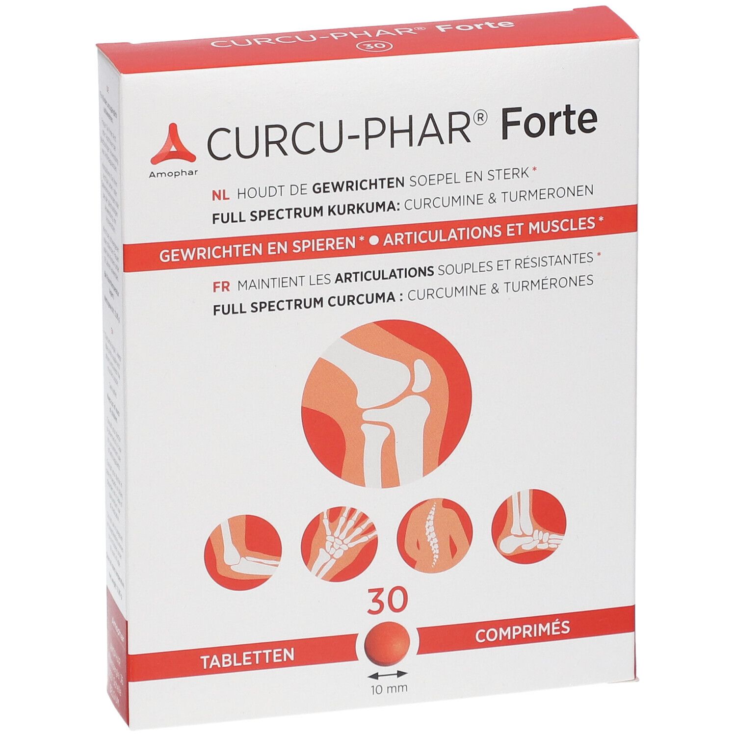 Verpakking van Curcu-Phar® Forte met 30 tabletten. Illustraties van gewrichten en spieren op de verpakking.