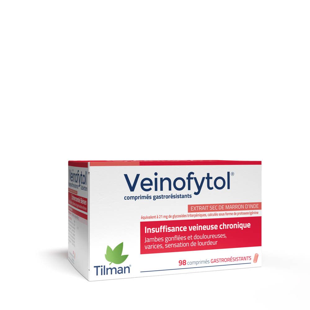 Boîte de Veinofytol®. Rouge et blanc, avec nom du produit et texte sur les jambes douloureuses. 98 comprimés.