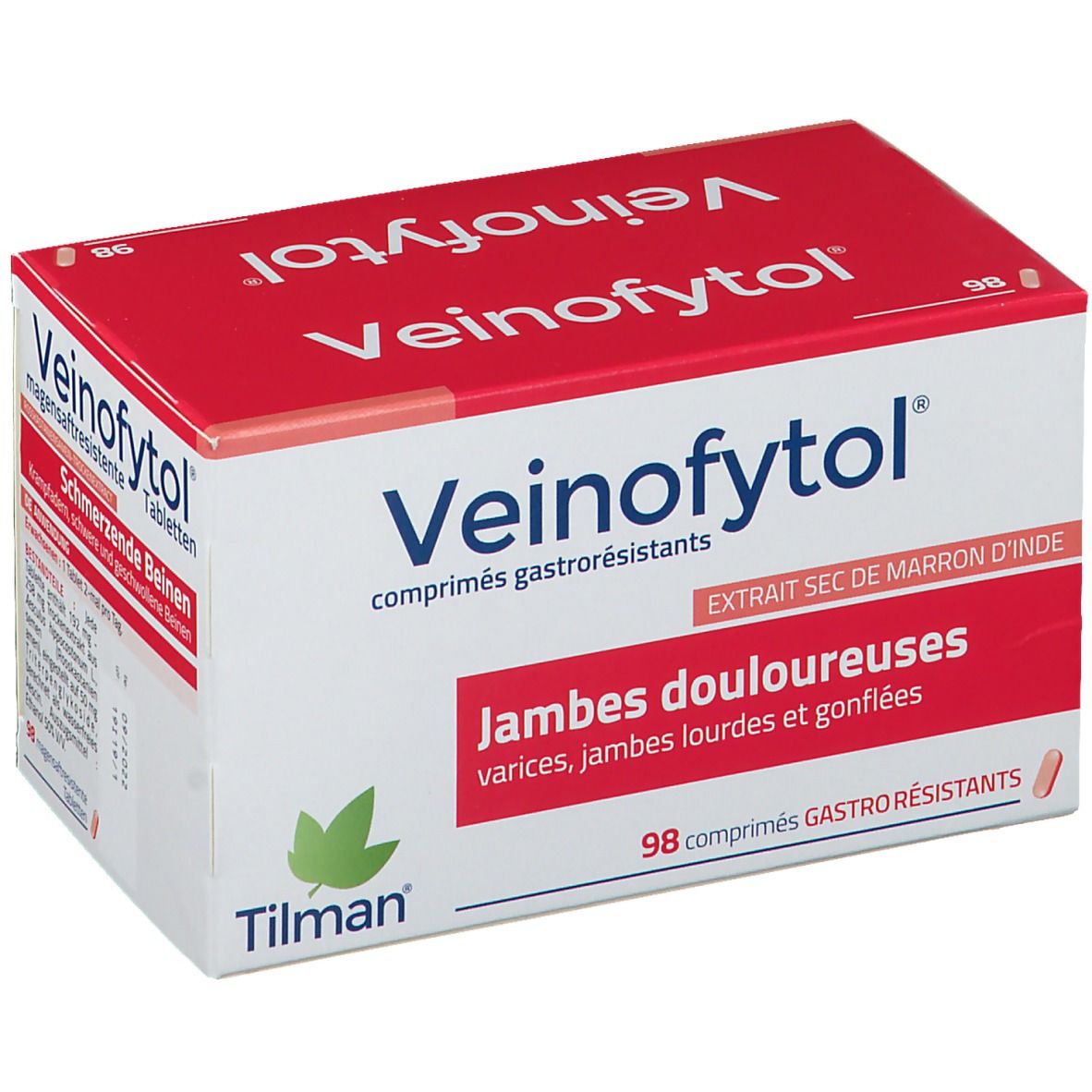 Boîte de Veinofytol®. Rouge et blanc, avec nom du produit et texte sur les jambes douloureuses. 98 comprimés.