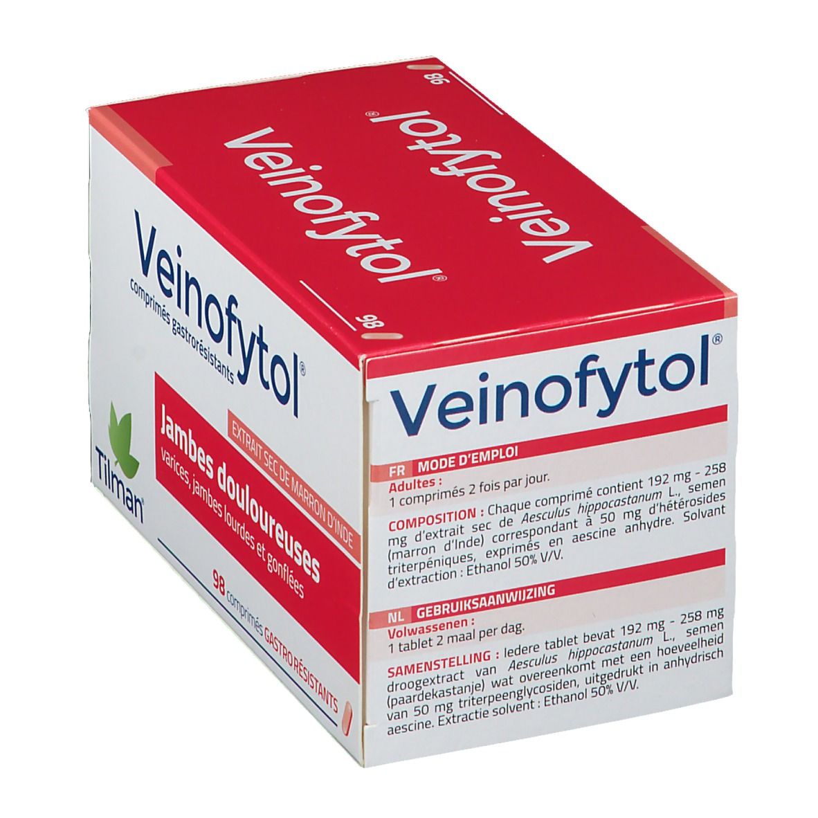 Boîte de Veinofytol®. Rouge et blanc, avec nom du produit et texte sur les jambes douloureuses. 98 comprimés.
