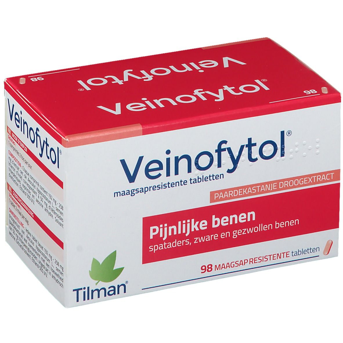 Boîte de Veinofytol®. Rouge et blanc, avec nom du produit et texte sur les jambes douloureuses. 98 comprimés.