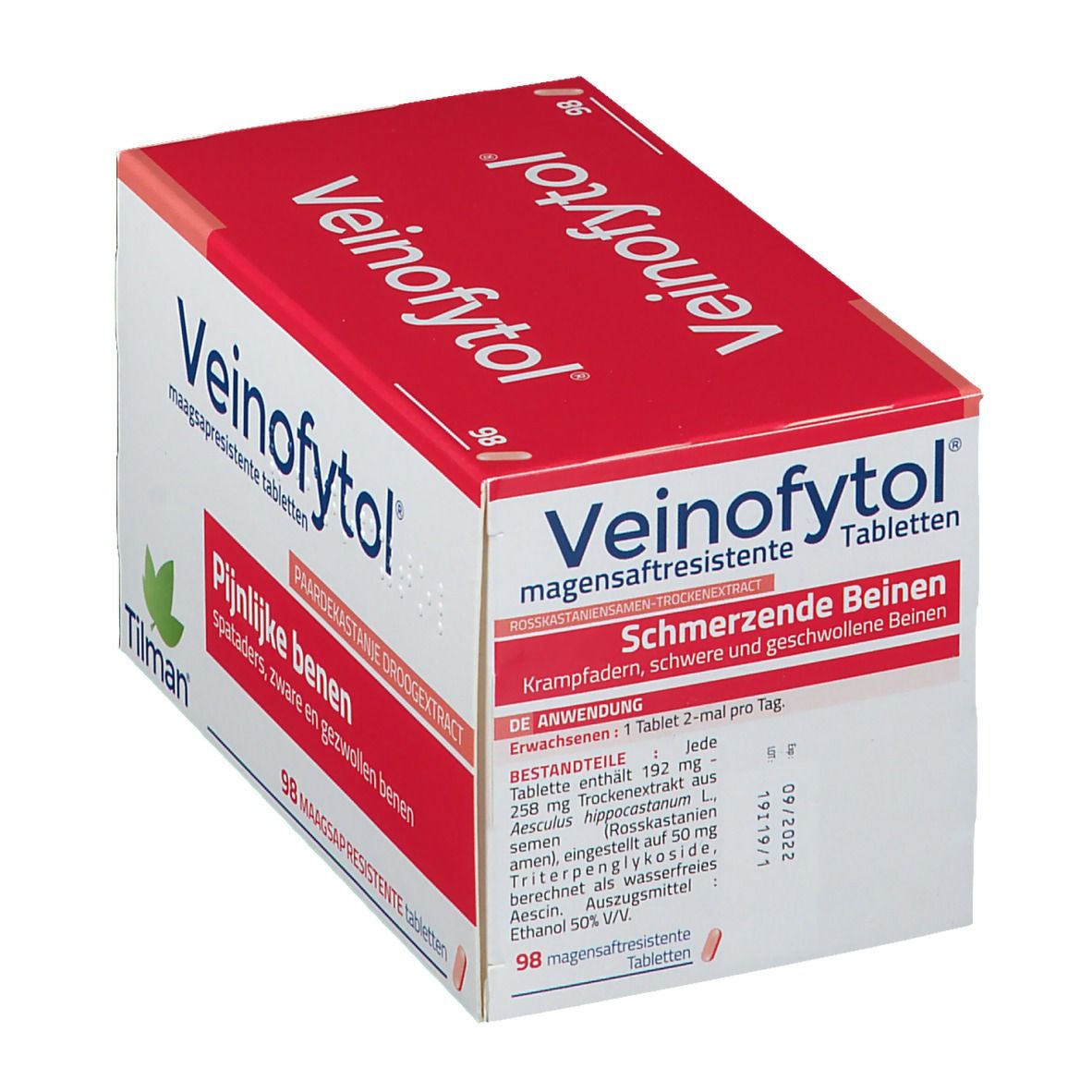 Boîte de Veinofytol®. Rouge et blanc, avec nom du produit et texte sur les jambes douloureuses. 98 comprimés.