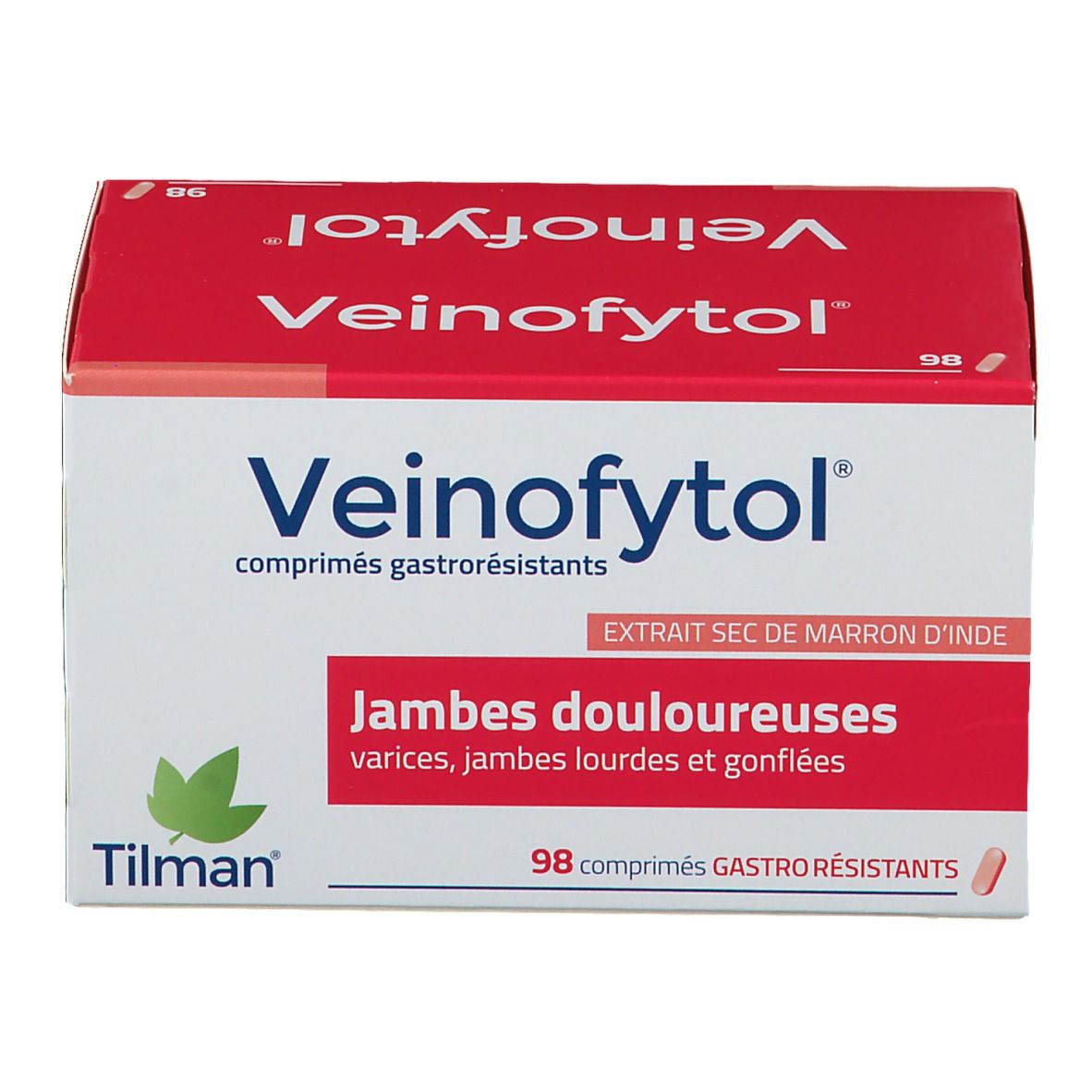Boîte de Veinofytol®. Rouge et blanc, avec nom du produit et texte sur les jambes douloureuses. 98 comprimés.