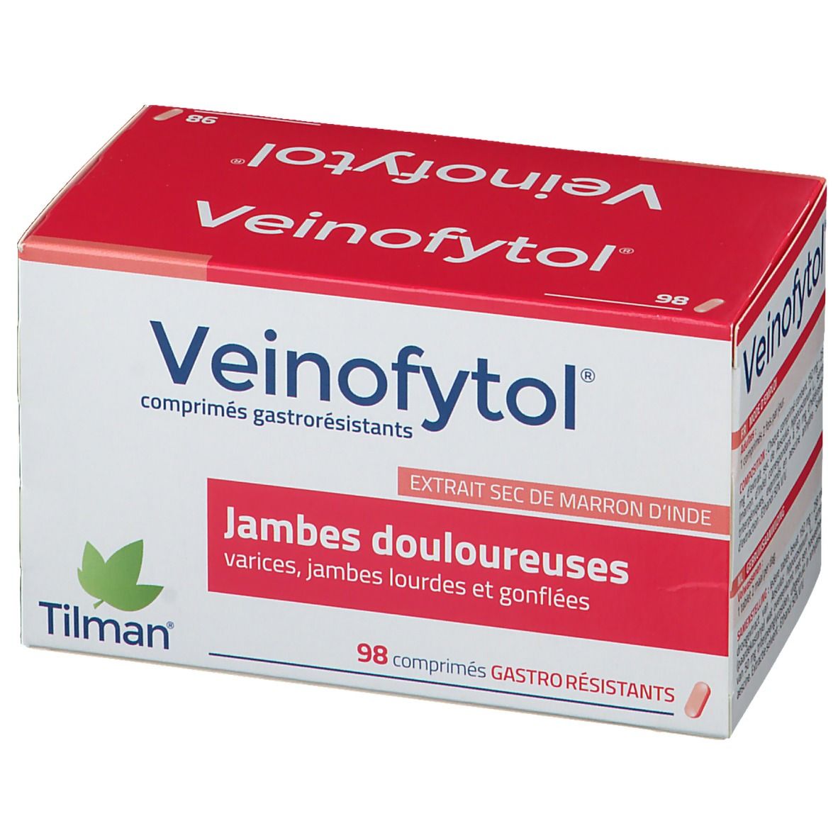 Boîte de Veinofytol®. Rouge et blanc, avec nom du produit et texte sur les jambes douloureuses. 98 comprimés.