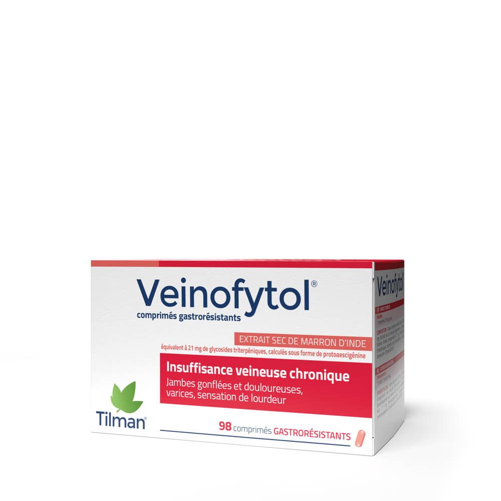 Boîte de Veinofytol®. Rouge et blanc, avec nom du produit et texte sur les jambes douloureuses. 98 comprimés.