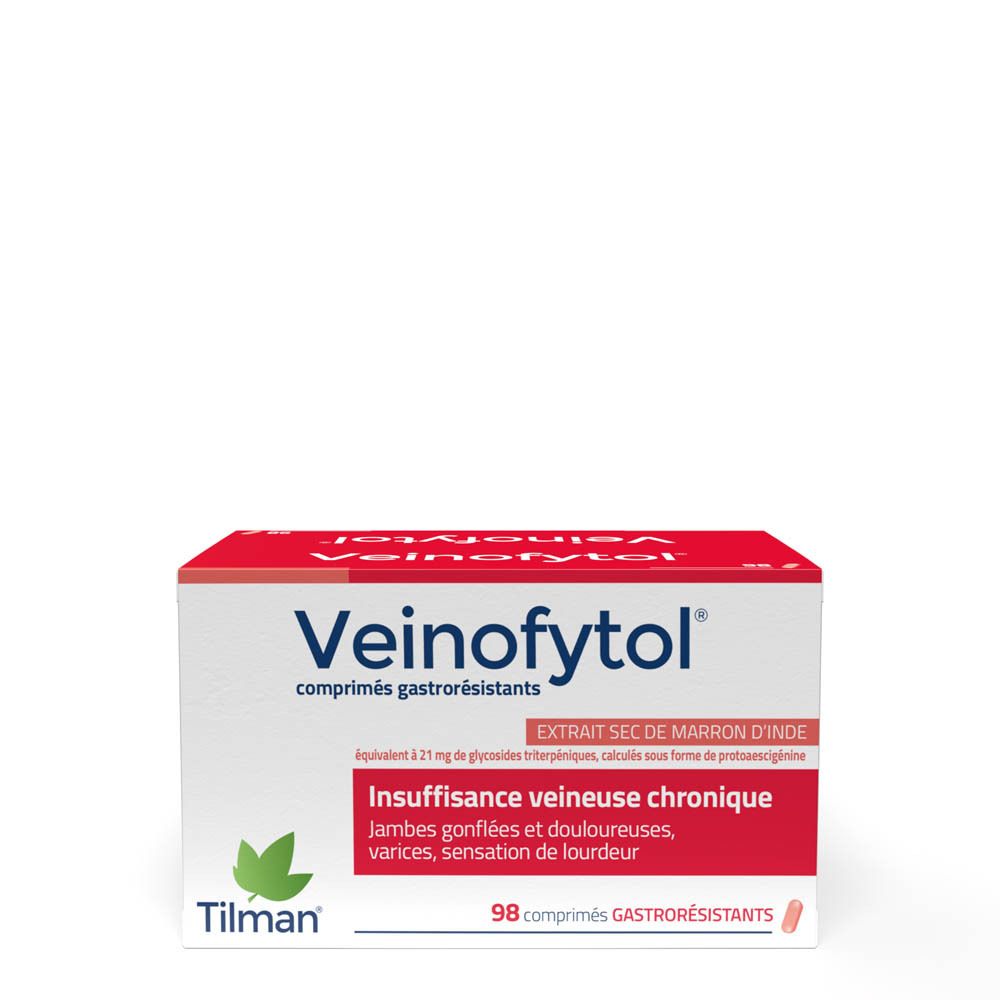 Boîte de Veinofytol®. Rouge et blanc, avec nom du produit et texte sur les jambes douloureuses. 98 comprimés.