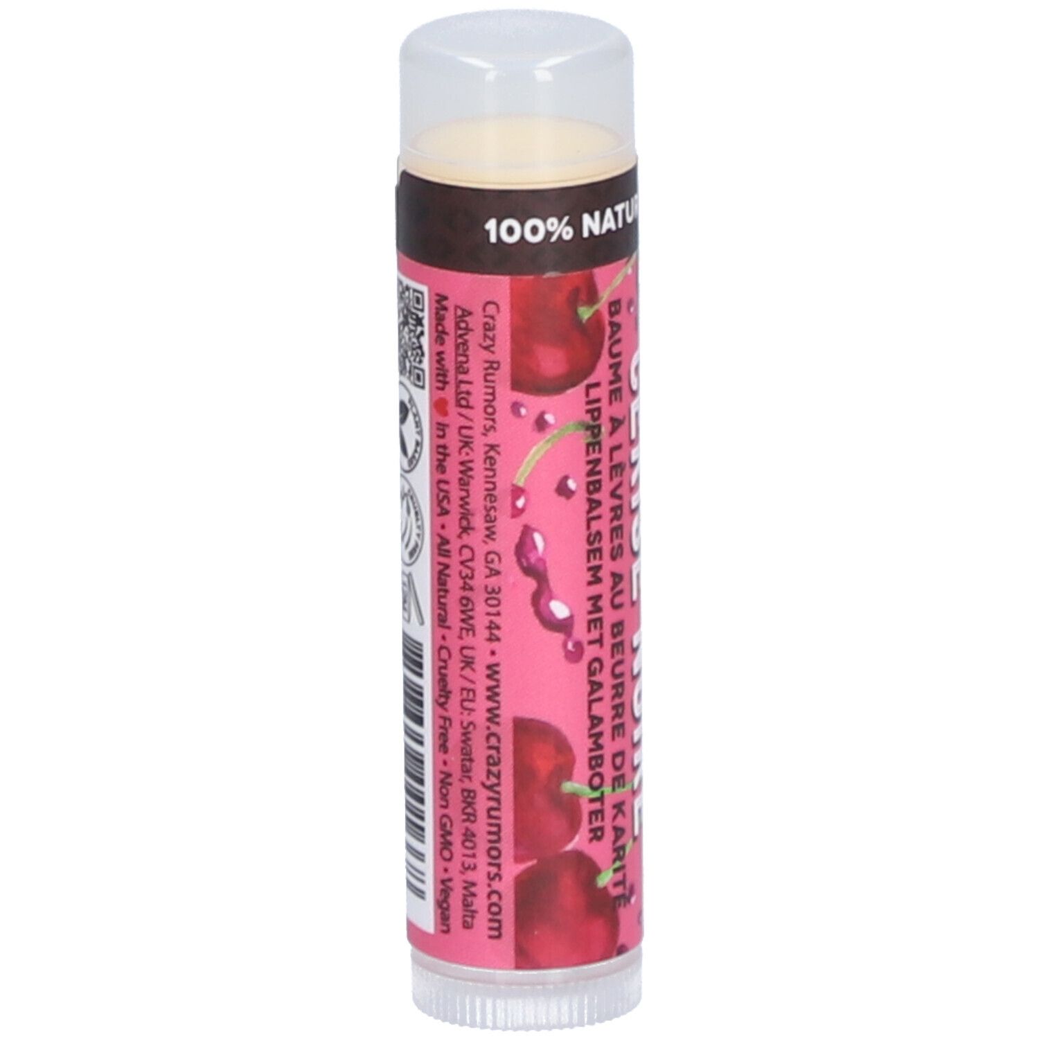 Lippenbalsam mit Kirschmotiv. Aufschrift: Cerise Noire, Baume à lèvres, Lippenbalsam. Mit Inhaltsangaben.