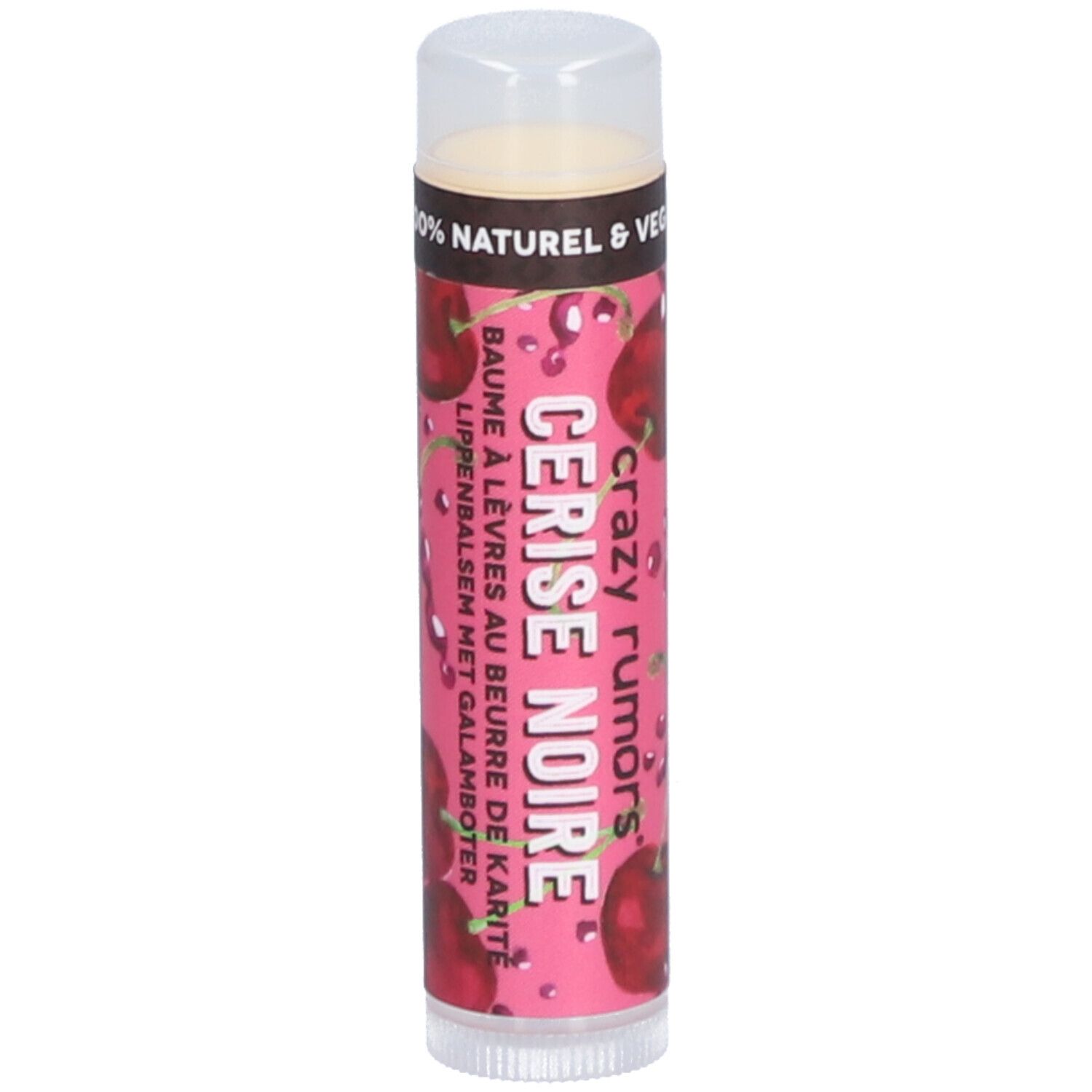 Lippenbalsam mit Kirschmotiv. Aufschrift: Cerise Noire, Baume à lèvres, Lippenbalsam. Deckel transparent.