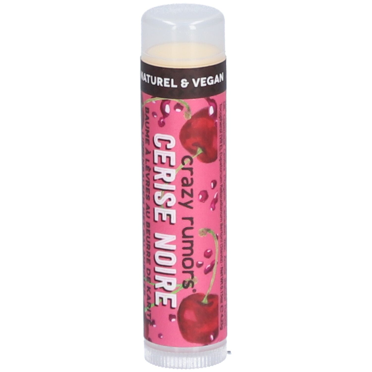 Lippenbalsam mit Kirschmotiv. Aufschrift: Cerise Noire, Baume à lèvres, Lippenbalsam. Deckel transparent.