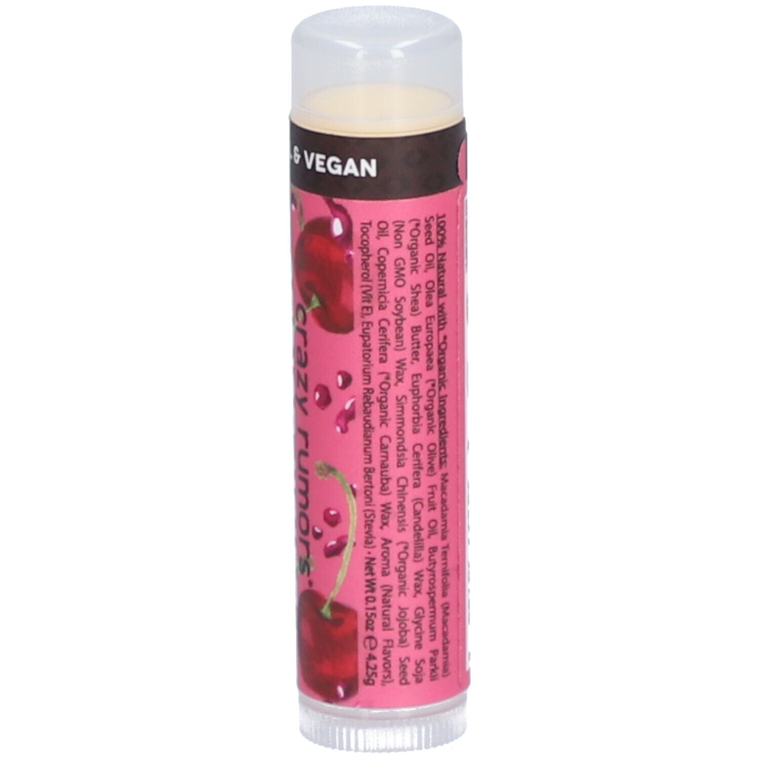 Lippenbalsam mit Kirschmotiv. Aufschrift: Cerise Noire, Baume à lèvres, Lippenbalsam. Mit Inhaltsangaben.