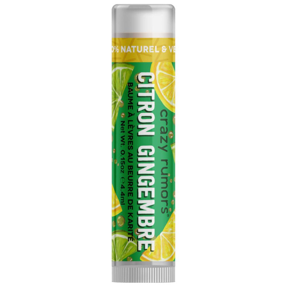 crazy rumors® Lippenbalsem Citroen-Gember. Groen-gele verpakking. Tekst: Citron Gingembre, Baume à lèvres au beurre de karité.
