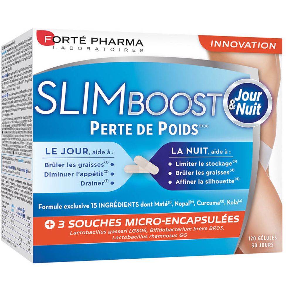 Verpackung mit Slimboost. Blaue und weiße Schachtel mit Produktnamen und Beschreibung. Enthält Kapseln.
