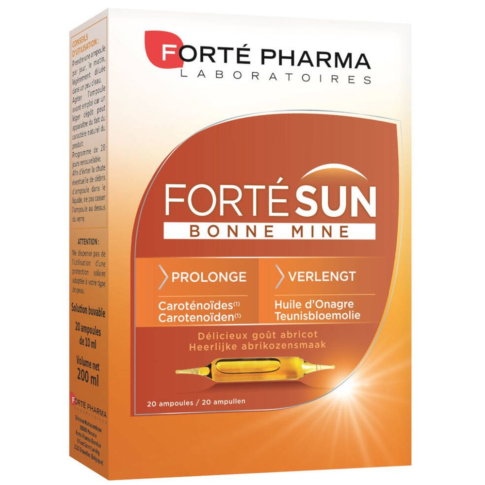 Verpackung von Forté Sun Ampullen. Enthält 20 Ampullen. Aufschrift: Forté Pharma, Forté Sun Bonne Mine.