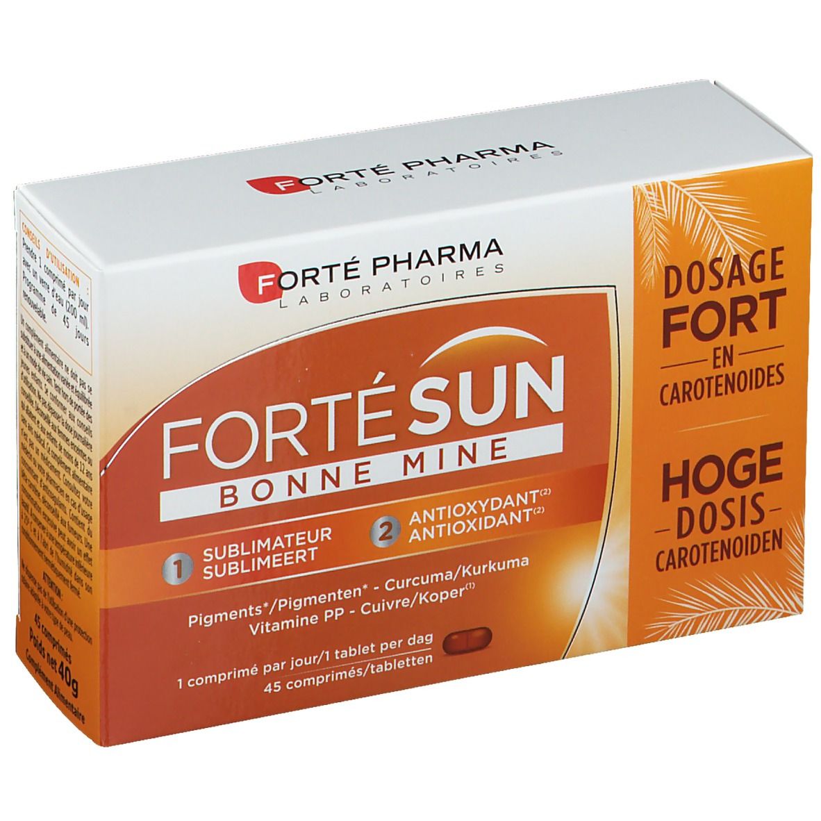 Boîte Forté Pharma Fortésun Bonne Mine. Emballage blanc et orange avec nom du produit et ingrédients. 45 comprimés.