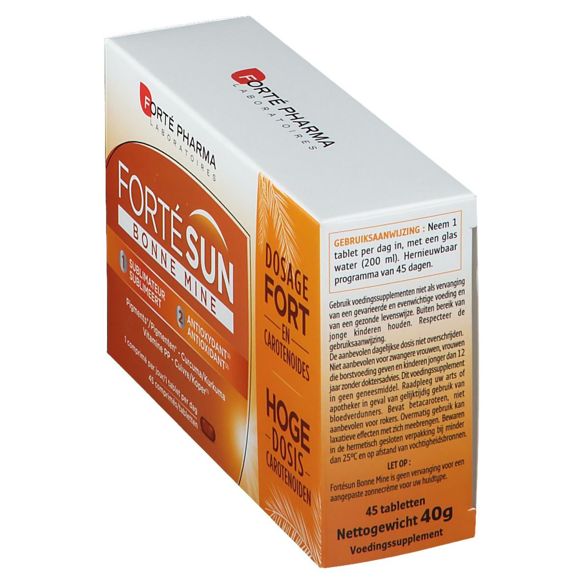Boîte Forté Pharma Fortésun Bonne Mine. Informations produit et dosage. 45 comprimés, poids net 40g.