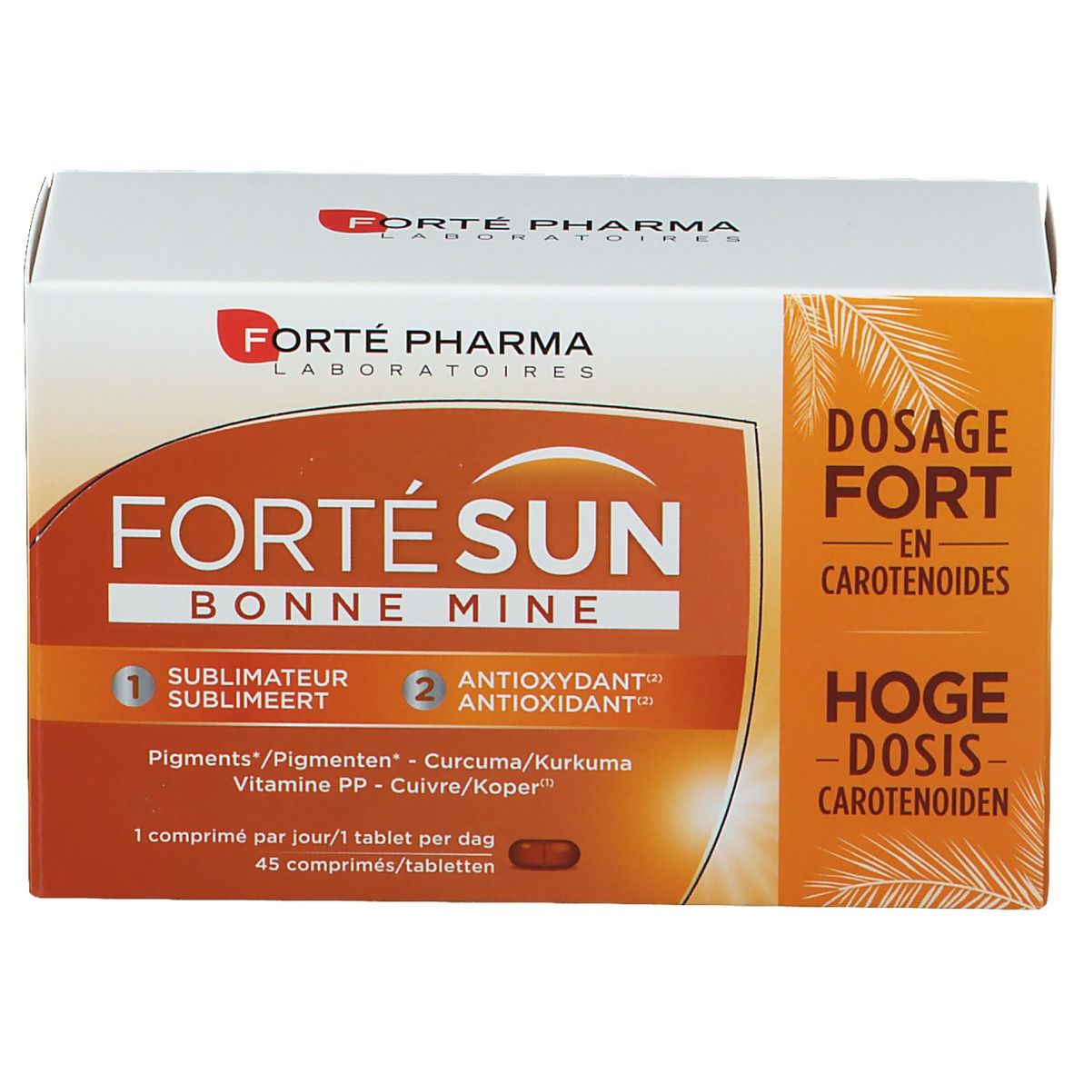 Boîte Forté Pharma Fortésun Bonne Mine. Emballage blanc et orange avec nom du produit et ingrédients. 45 comprimés.