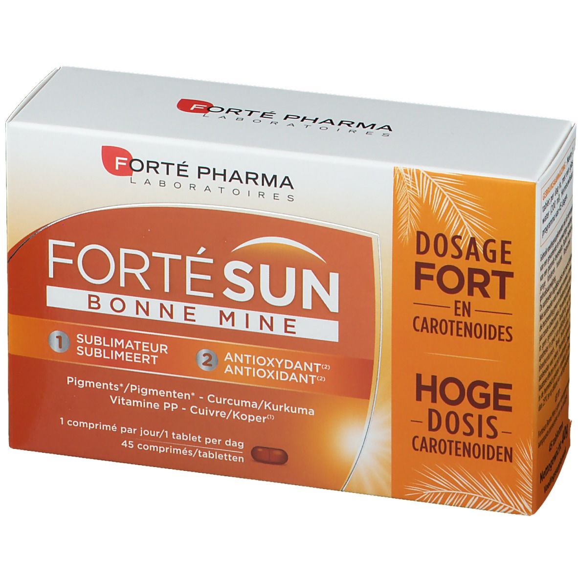 Boîte Forté Pharma Fortésun Bonne Mine. Emballage blanc et orange avec nom du produit et ingrédients. 45 comprimés.