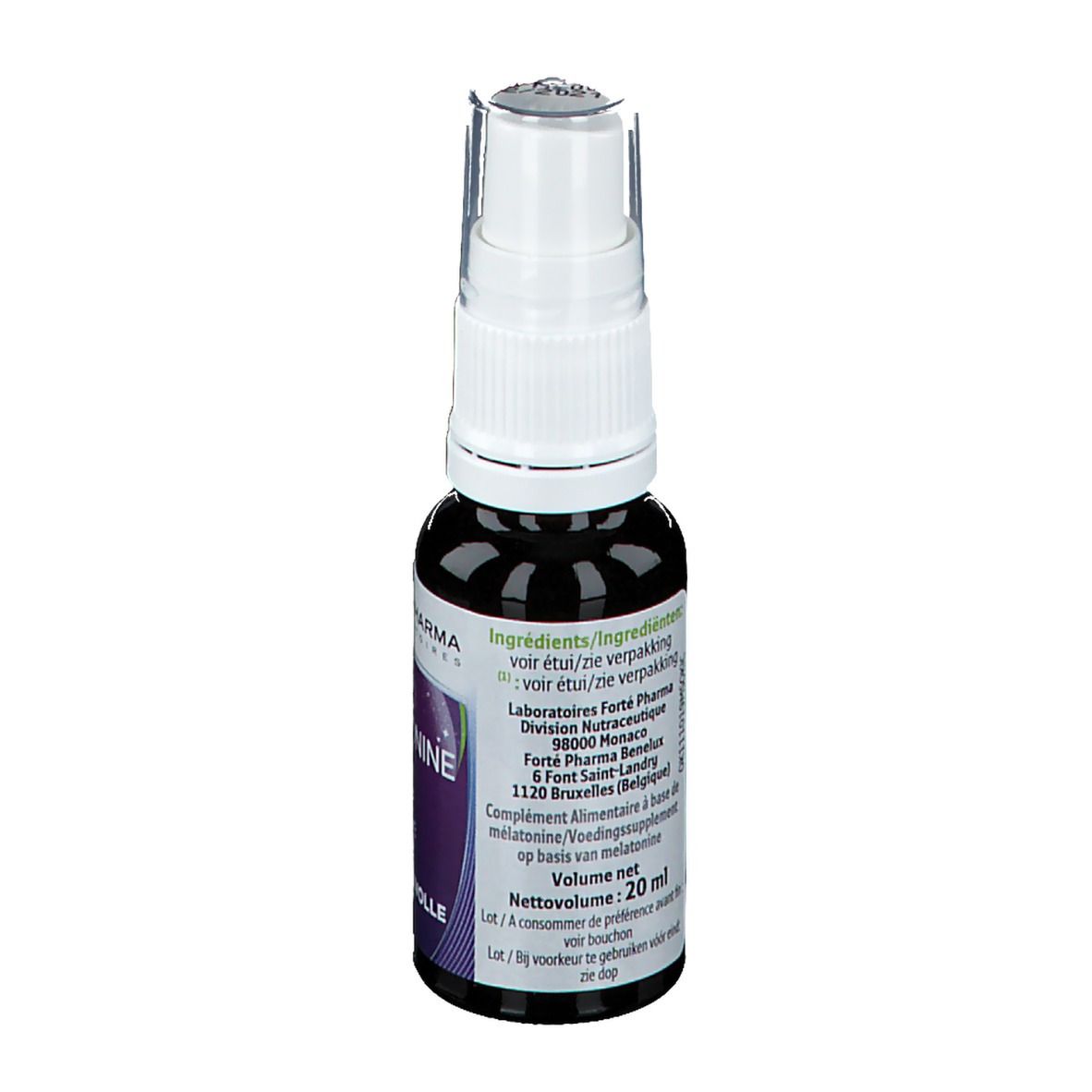 Bouteille de spray marron avec tête blanche. Dos avec texte multilingue. Volume: 20 ml.