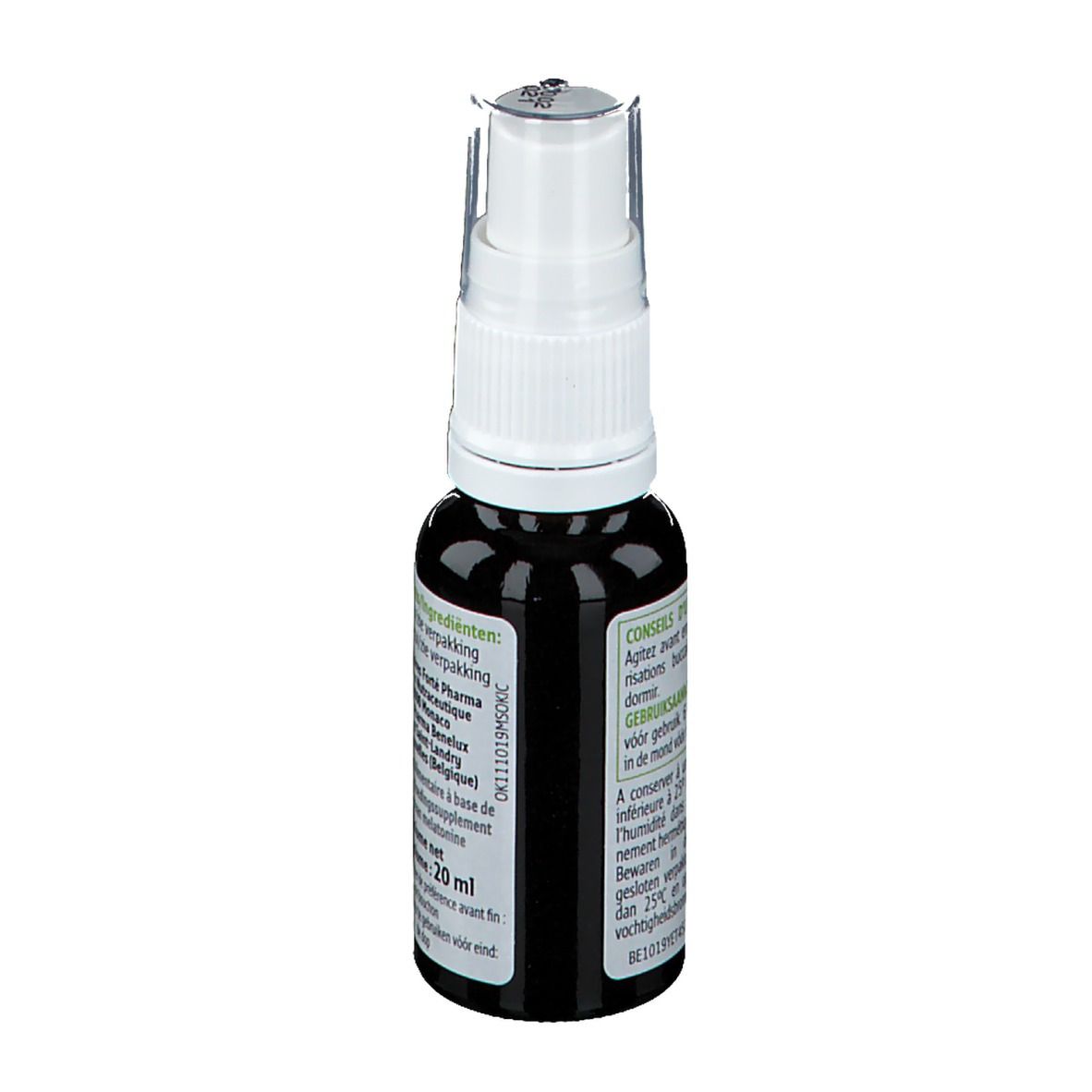 Bouteille de spray marron avec tête blanche. Dos avec texte multilingue. Volume: 20 ml.