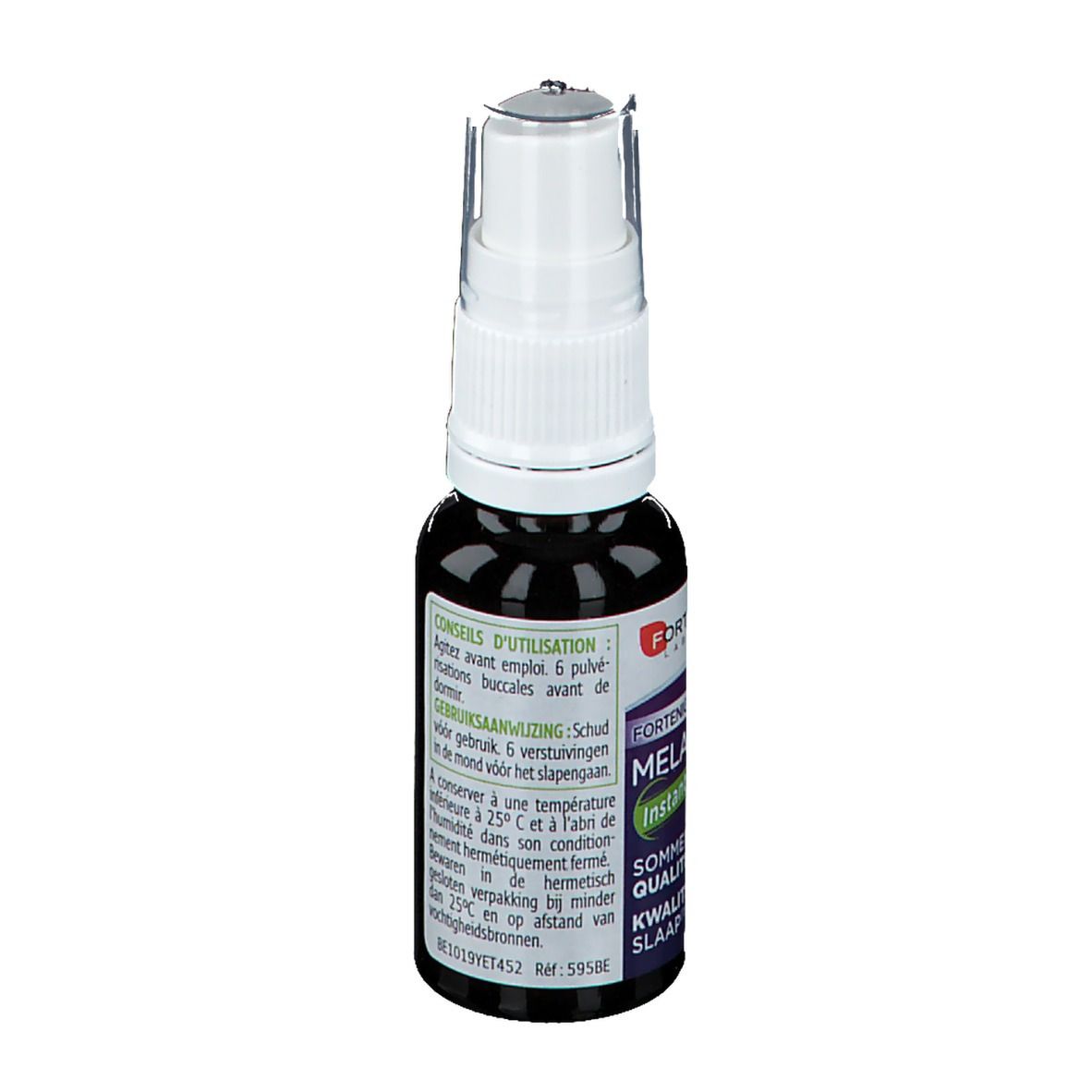 Bouteille de spray marron avec tête blanche. Dos avec texte multilingue. Volume: 20 ml.