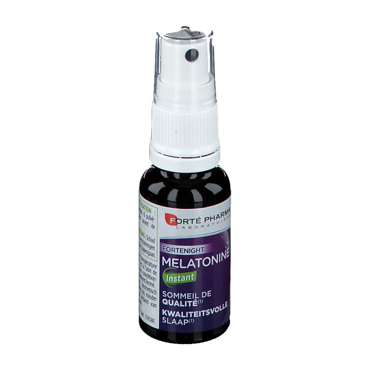 Petite bouteille de spray marron avec tête blanche. Inscription: Forté Pharma, Melatonine Instant. Étiquette violette.