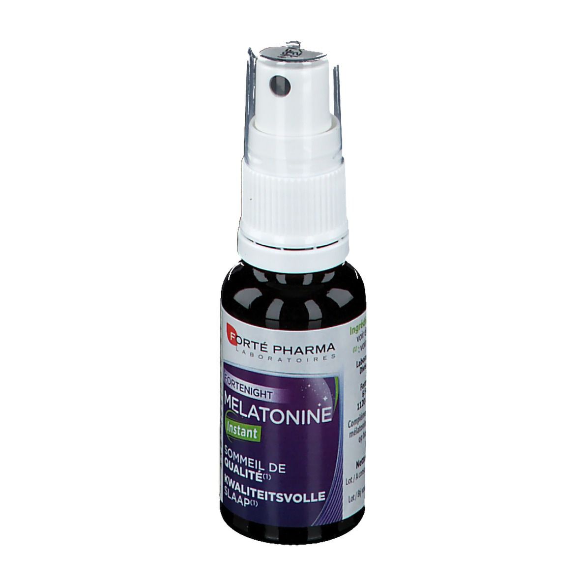 Petite bouteille de spray marron avec tête blanche. Inscription: Forté Pharma, Melatonine Instant. Étiquette violette.