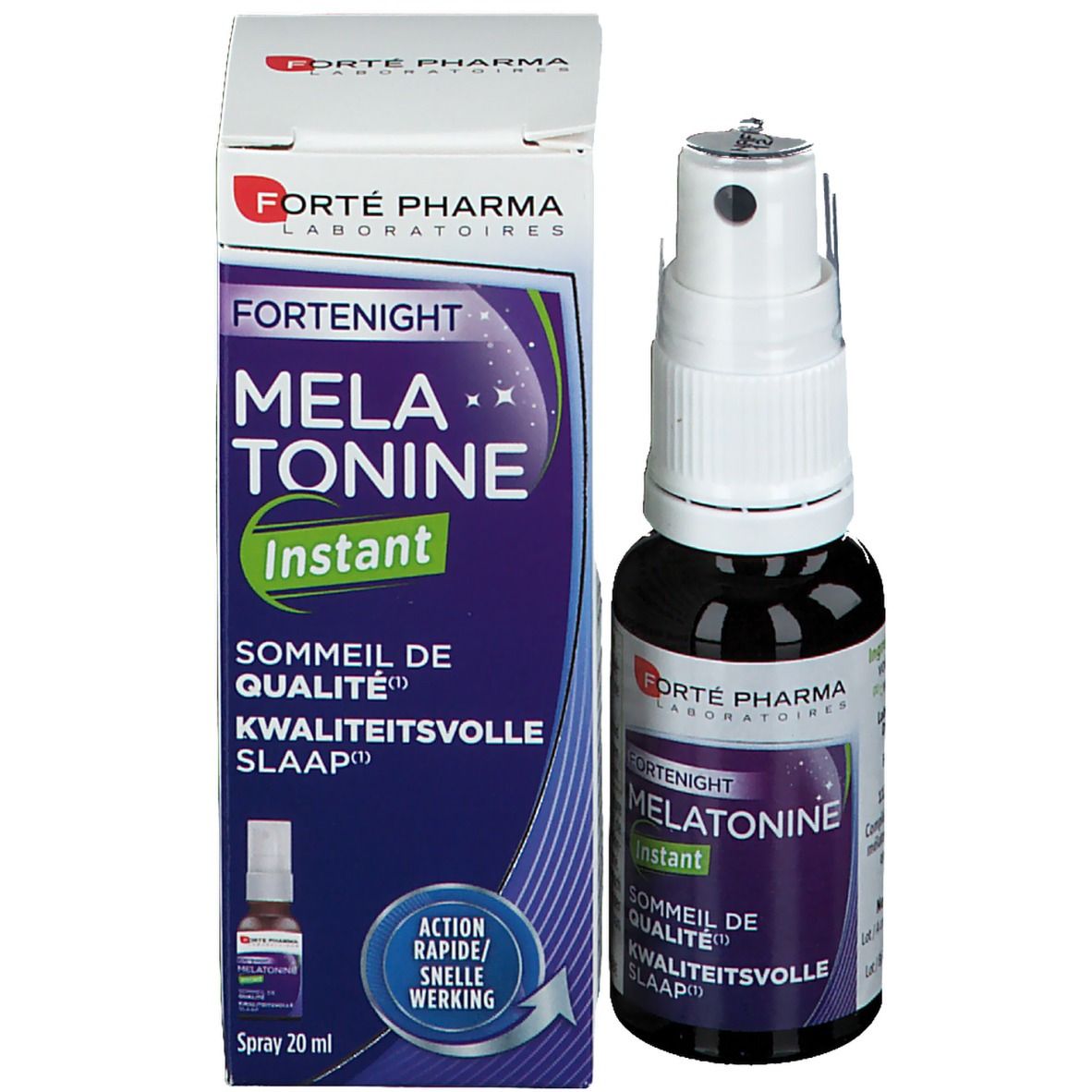 Emballage du produit avec flacon pulvérisateur. Inscription: Forté Pharma, Melatonine Instant. Fond violet. 20 ml.