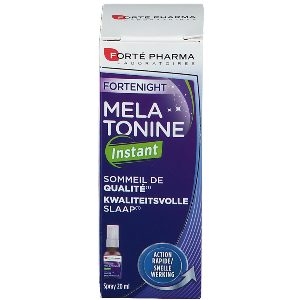 Emballage du produit avec flacon pulvérisateur. Inscription: Forté Pharma, Melatonine Instant. Fond violet. 20 ml.