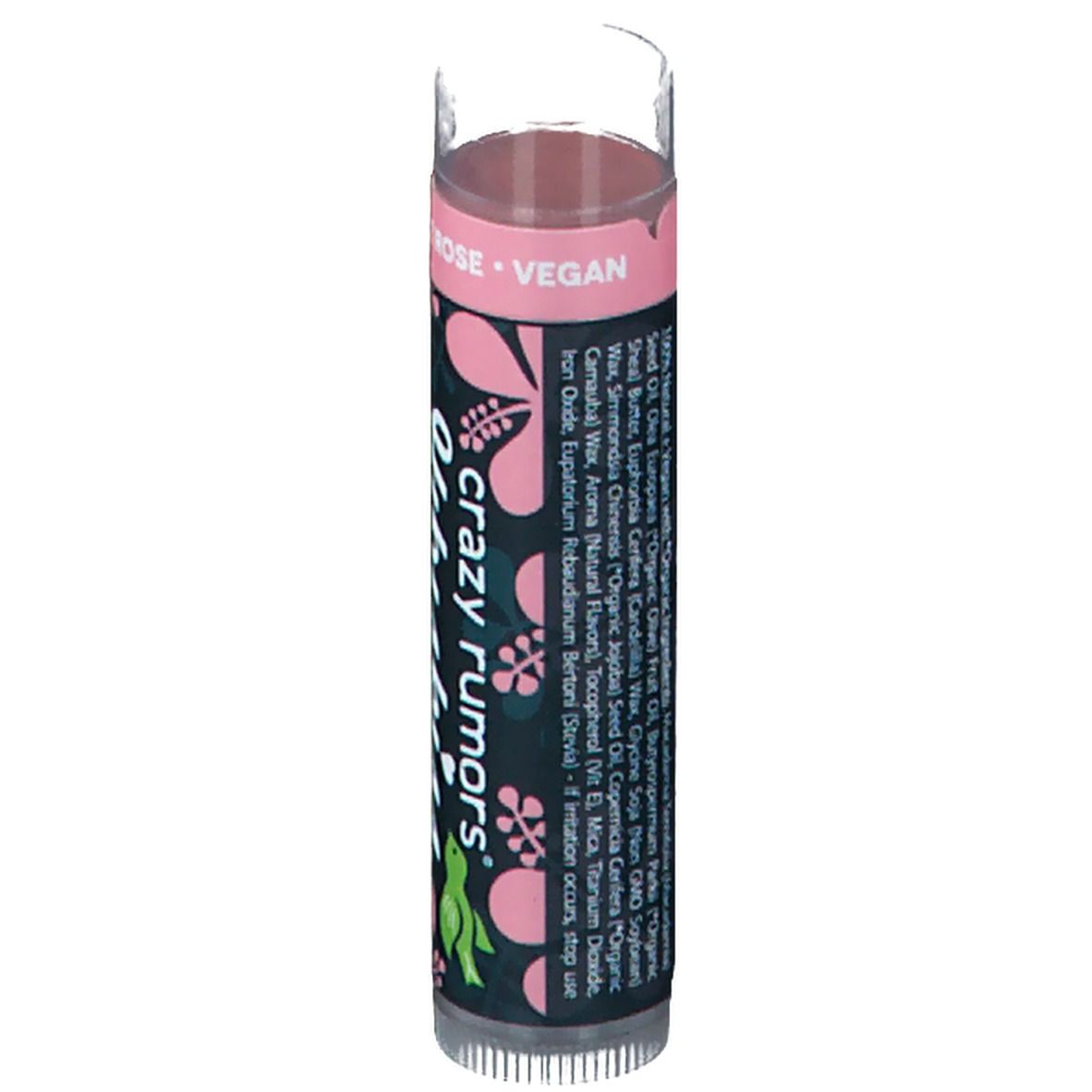 Baume à lèvres Hibiskiss Rosewood de crazy rumors. Dos avec ingrédients et logo Vegan.