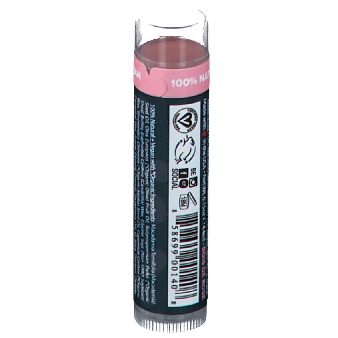 Baume à lèvres Hibiskiss Rosewood de crazy rumors. Dos avec ingrédients, logos et code-barres.