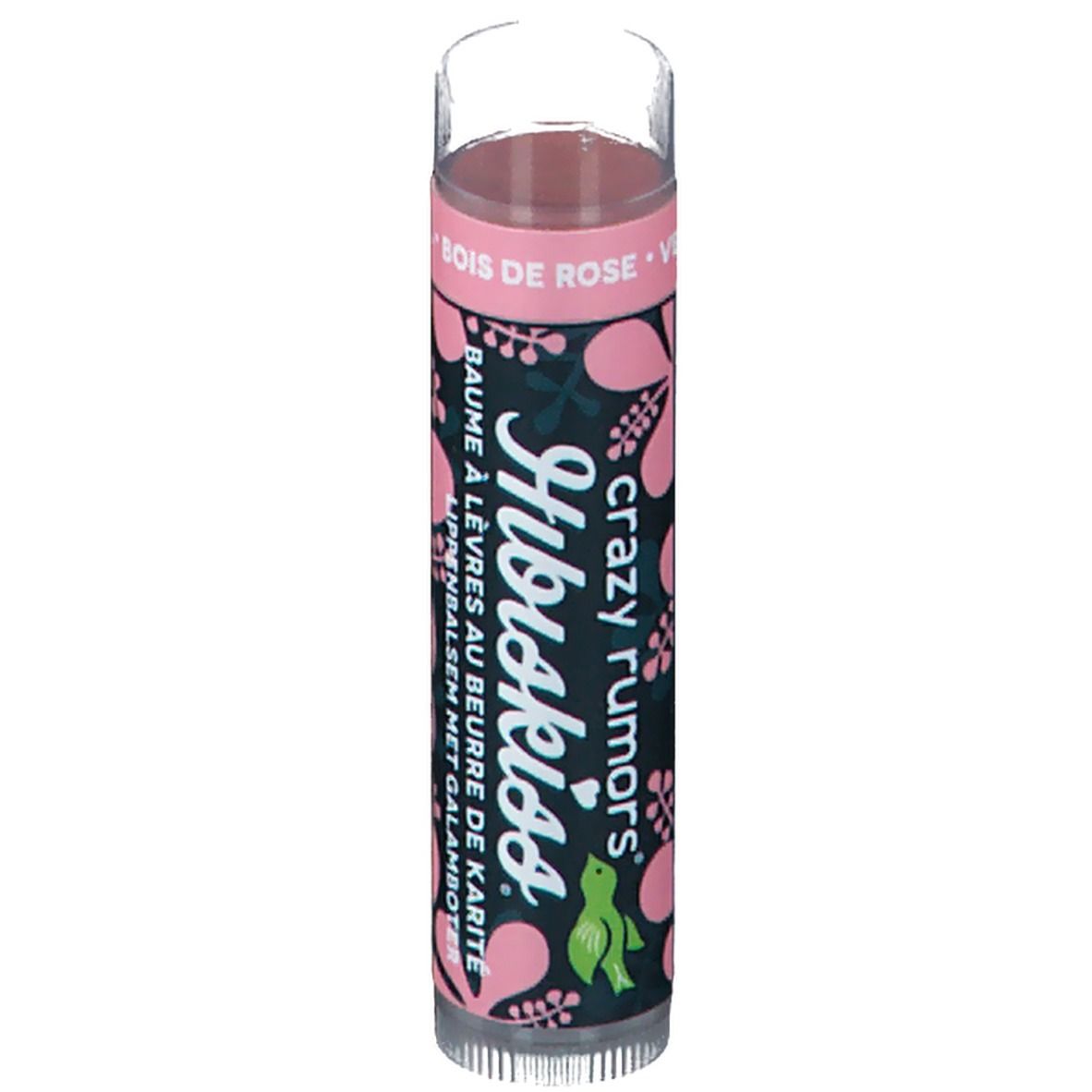 Baume à lèvres Hibiskiss Rosewood de crazy rumors. Emballage cylindrique avec motif floral et nom du produit.
