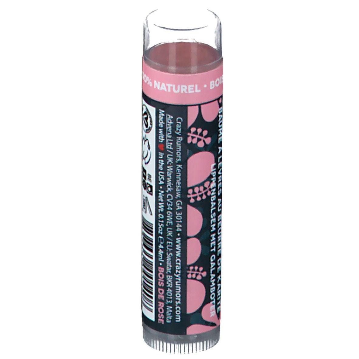 Baume à lèvres Hibiskiss Rosewood de crazy rumors. Dos avec ingrédients, logos et code-barres.