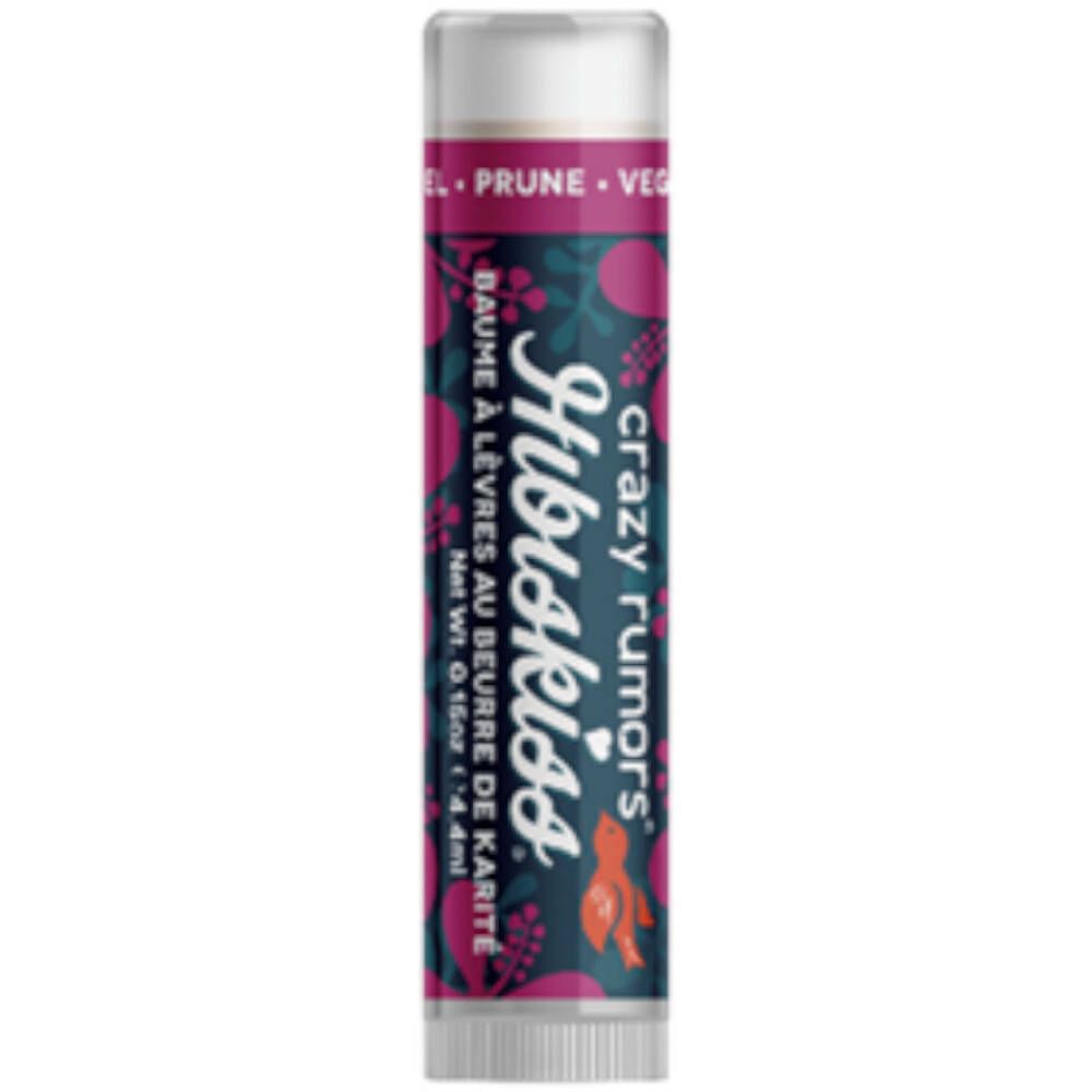 Lipbalsem stick met transparante dop. Opschrift: Crazy Rumors, Hibiskiss, Baume à lèvres au beurre de karité.