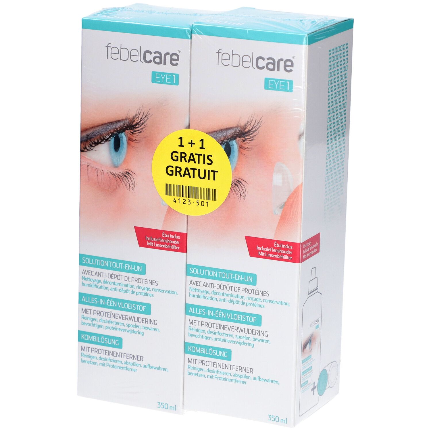 Febelcare Eye All In 1 Lenzenvloeistof 350ml + Gratis 2x350 ml Aufbewahrungs- und Reinigungslösung