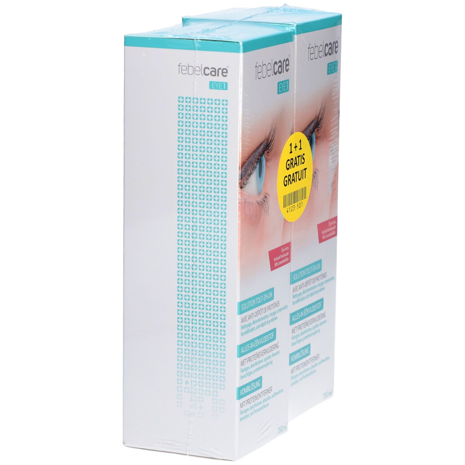 Zwei Packungen Febelcare Eye 1. Aufdruck: 1+1 Gratis. Die Verpackung ist weiß und blau.