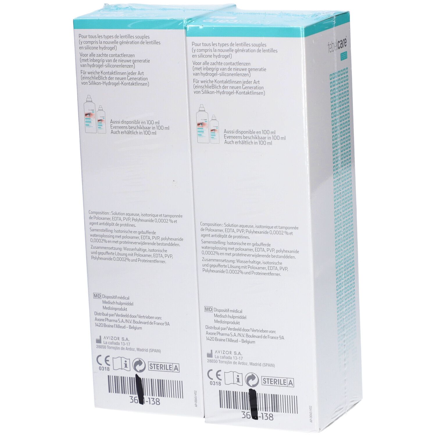 Rückseite von zwei Packungen Febelcare Eye 1. Text in mehreren Sprachen. Aufdruck: CE und Steril.