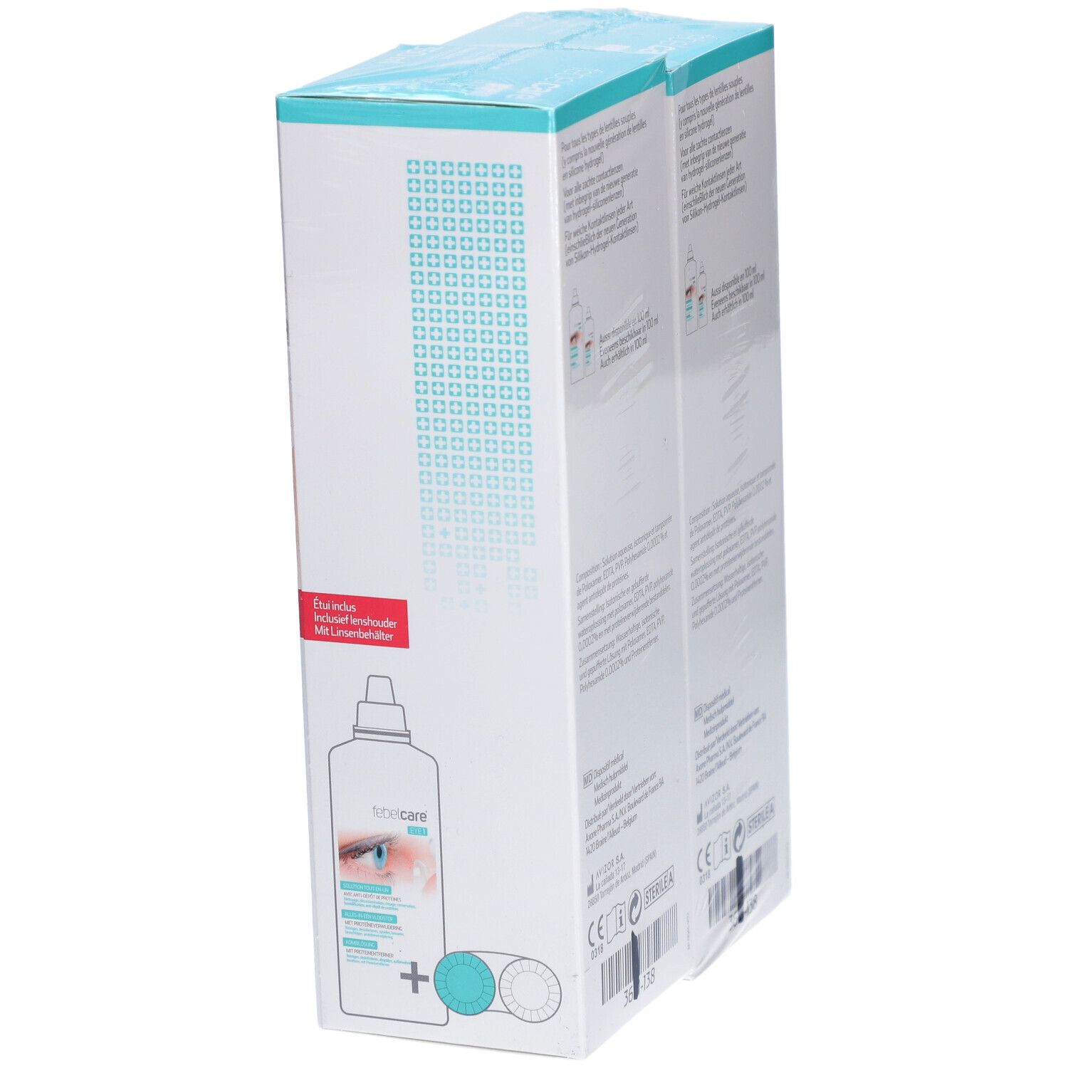Zwei Packungen Febelcare Eye 1. Auf der Verpackung ist eine Flasche und eine Kontaktlinse abgebildet.