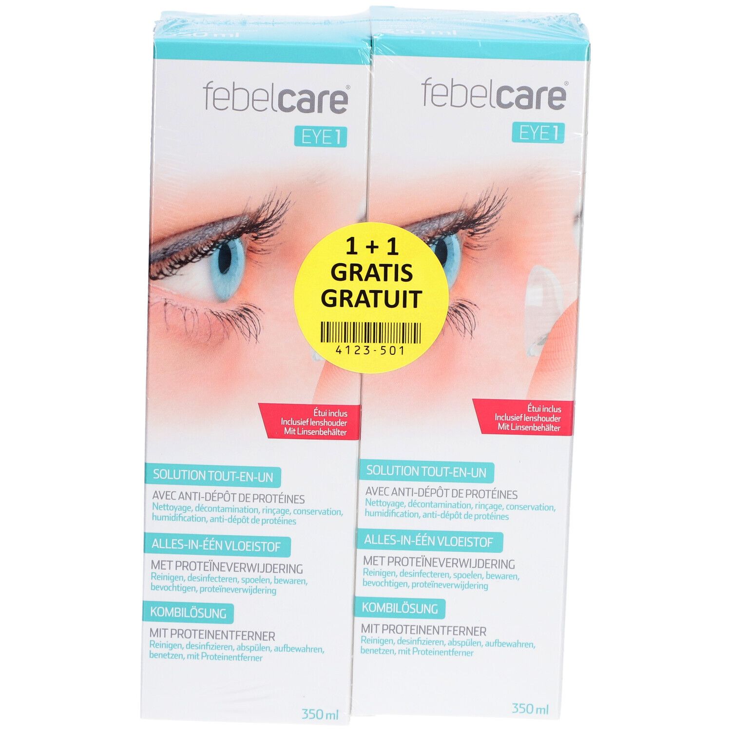 Zwei Packungen Febelcare Eye 1. Aufdruck: 1+1 Gratis. Auf der Verpackung ist ein Auge abgebildet.