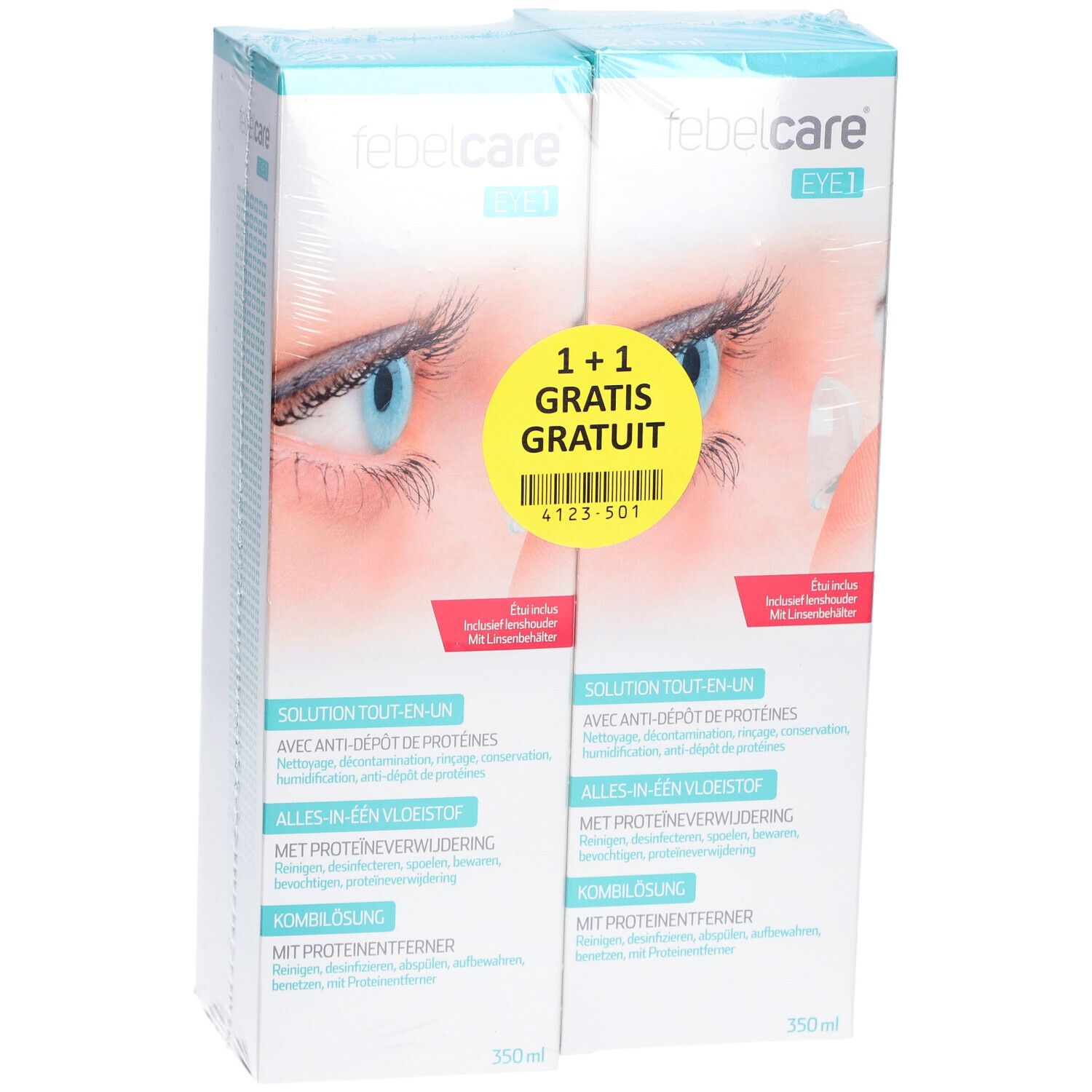 Zwei Packungen Febelcare Eye 1. Aufdruck: 1+1 Gratis. Auf der Verpackung ist ein Auge abgebildet.