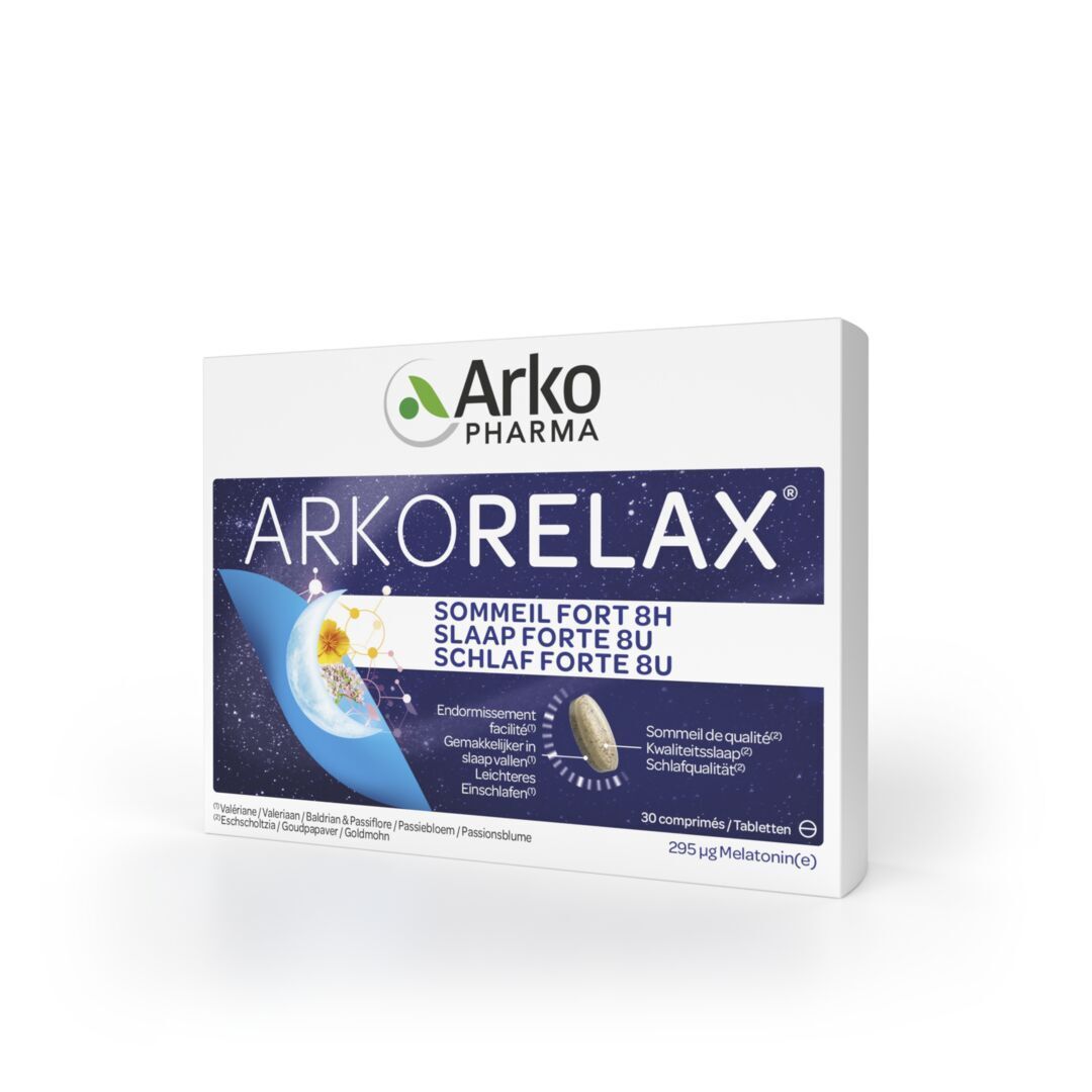 Boîte Arkorelax Sommeil Fort 8H. Contient des comprimés. Inscription: 30 comprimés/Tabletten. 295 µg Melatonin(e).