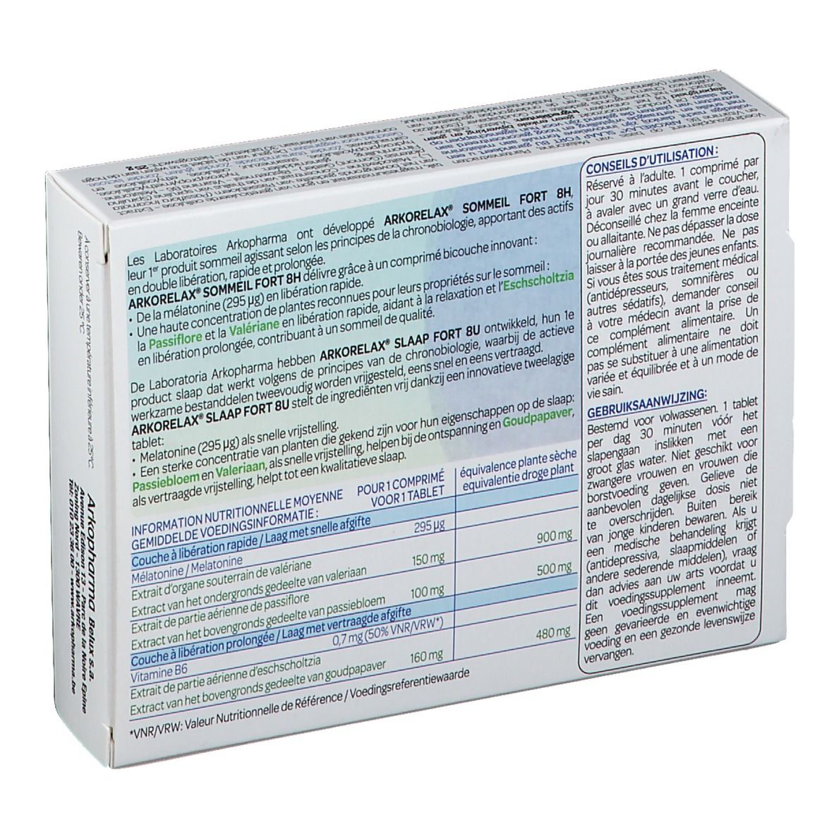 Dos de la boîte Arkorelax Sommeil Fort 8H. Contient des informations sur les ingrédients et l'utilisation.
