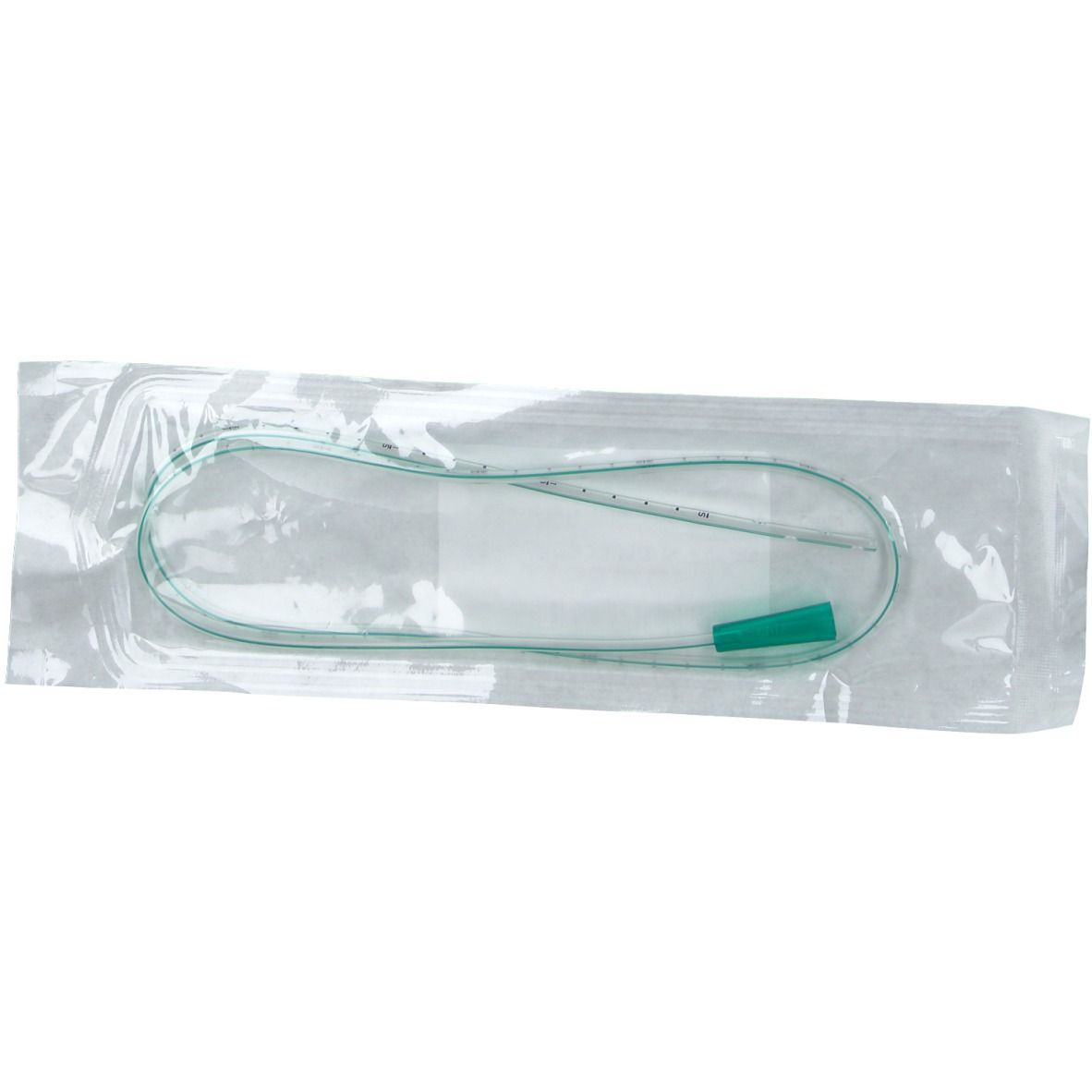 Groene maagsonde in transparante verpakking. Met markeringen en groene connector.