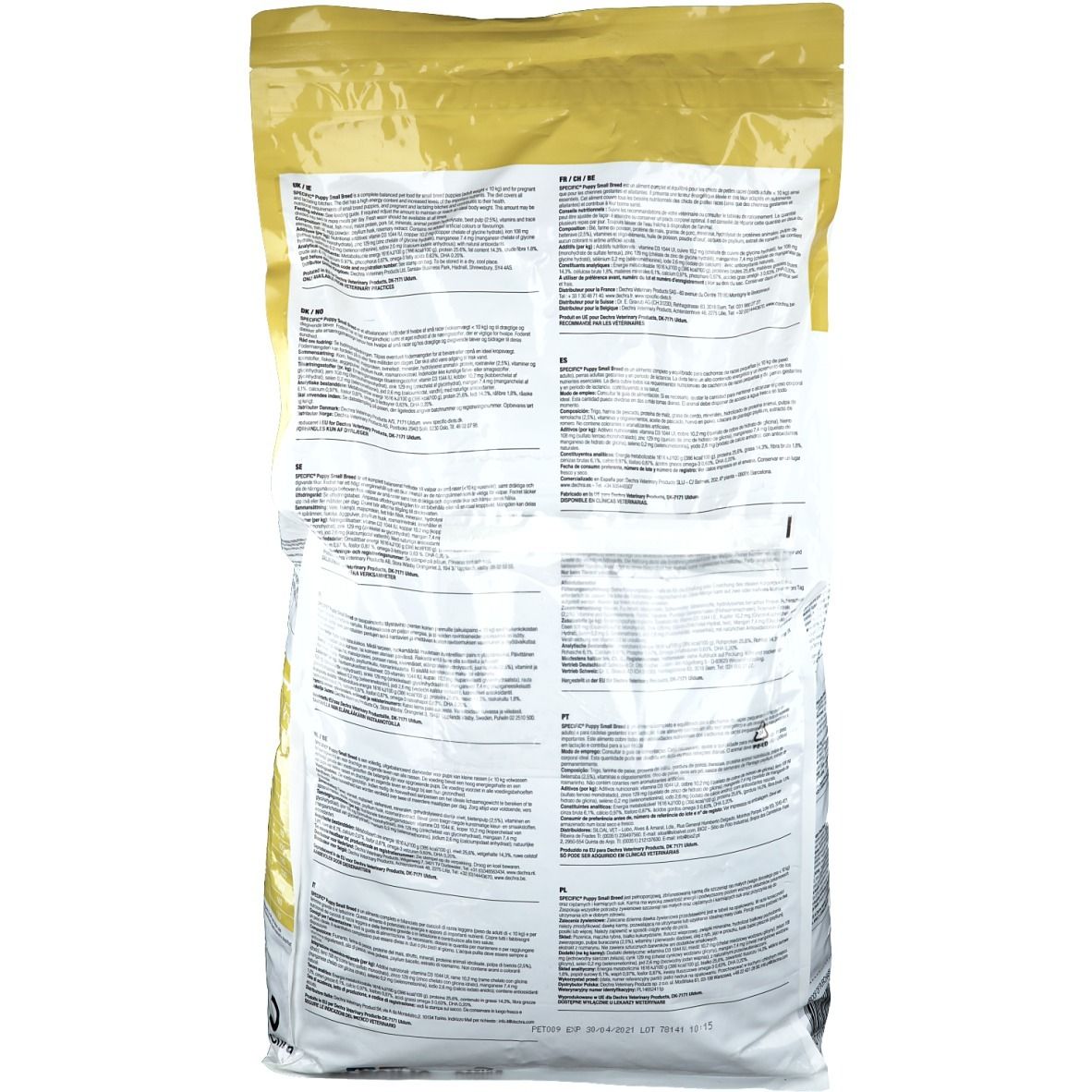 Rückseite des Futterbeutels. Text in mehreren Sprachen. Gelb-weißes Design.