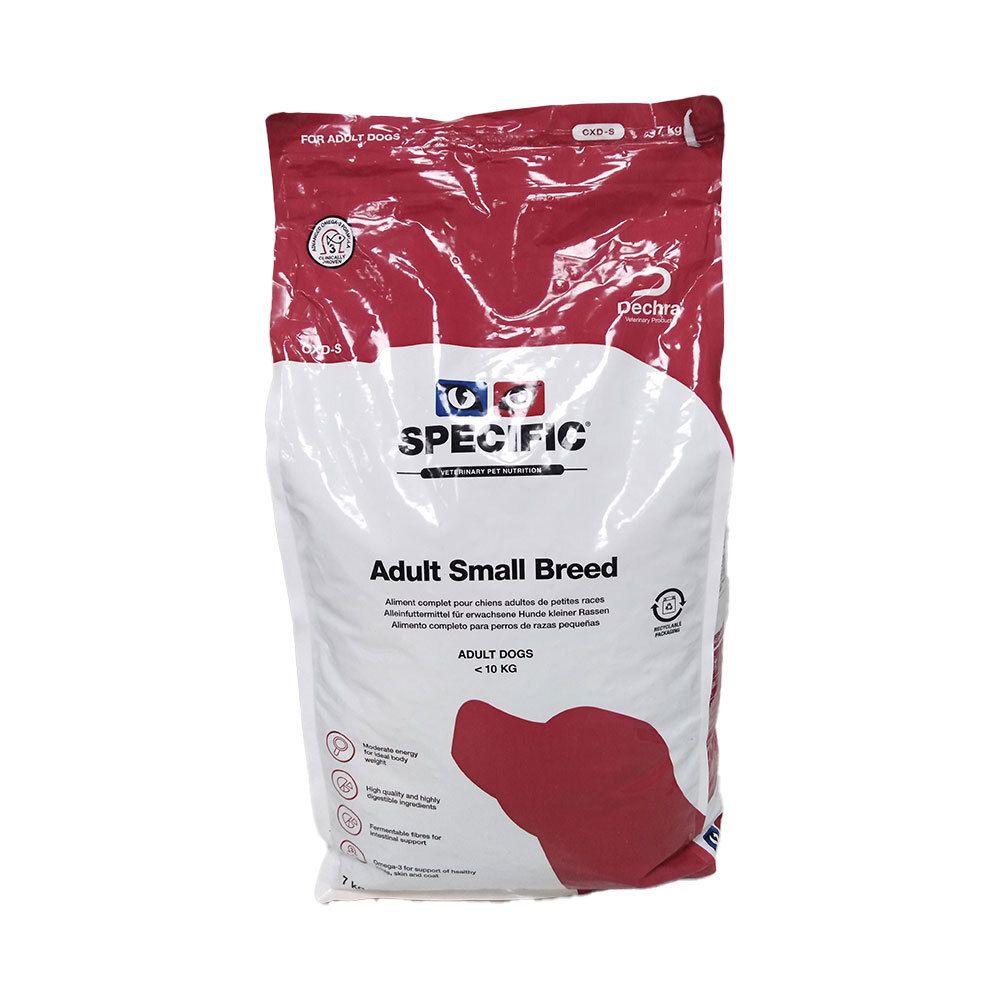 Weiß-rote Verpackung für Hundefutter. Aufschrift: SPECIFIC, Adult Small Breed. Für Hunde unter 10 kg. Siegel.