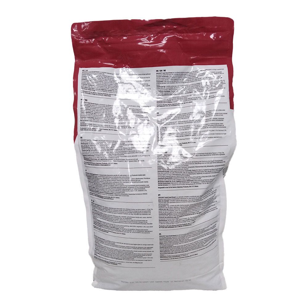 Rückseite der Hundefutterverpackung. Text in mehreren Sprachen. Transparente Verpackung.