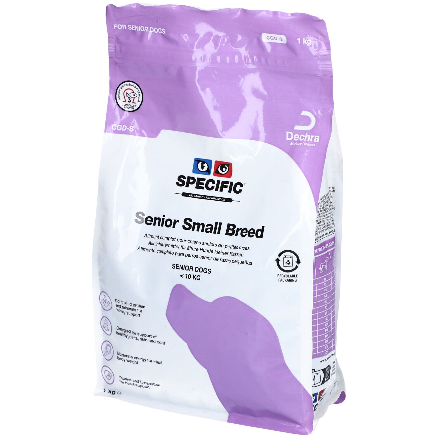 Beutel mit Trockenfutter für ältere Hunde kleiner Rassen. Marke: Specific. Hauptmerkmale: Senior Small Breed, <10 KG, 1 kg.