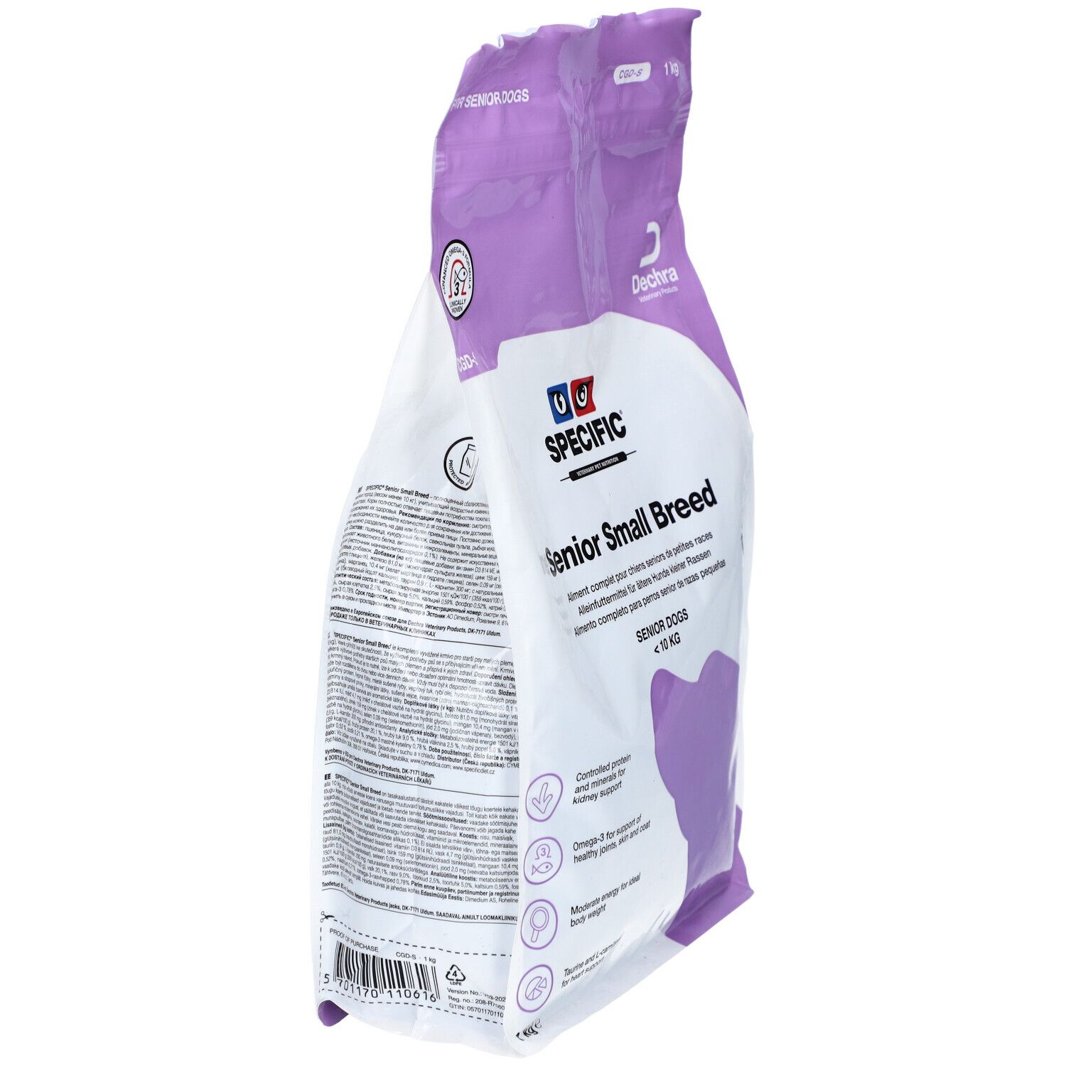 Seitenansicht des Futterbeutels für ältere Hunde kleiner Rassen. Marke: Specific. Text: Senior Small Breed. Verpackung mit Recycling-Logo.