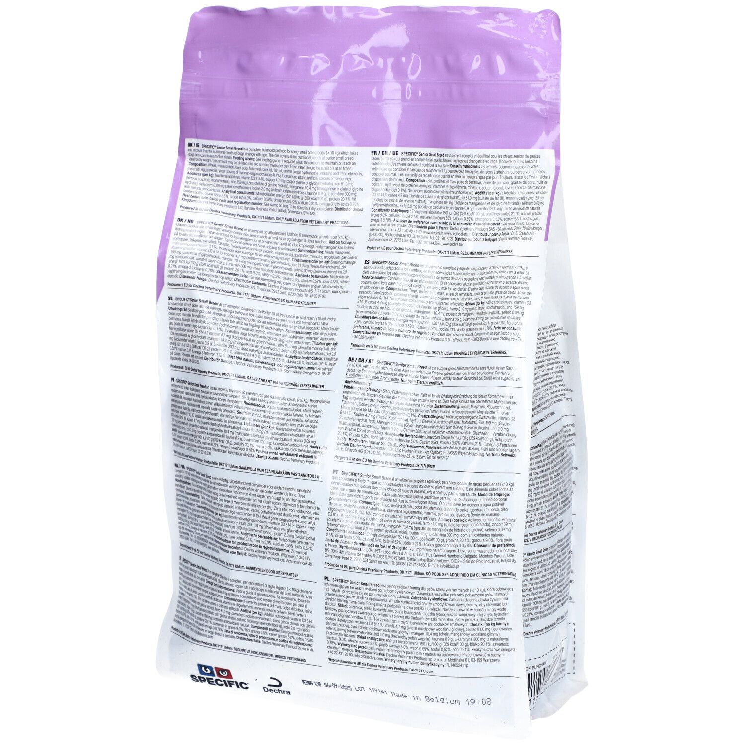 Rückseite des Futterbeutels für ältere Hunde kleiner Rassen. Mehrsprachiger Text. Marke: Specific. Informationen zu Inhaltsstoffen und Fütterung.