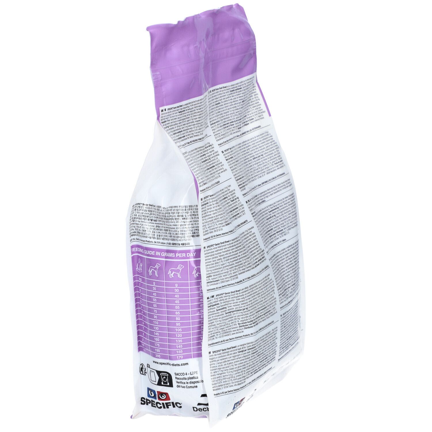 Seitenansicht des Futterbeutels für ältere Hunde kleiner Rassen. Marke: Specific. Text: Fütterungsempfehlung in Gramm pro Tag.
